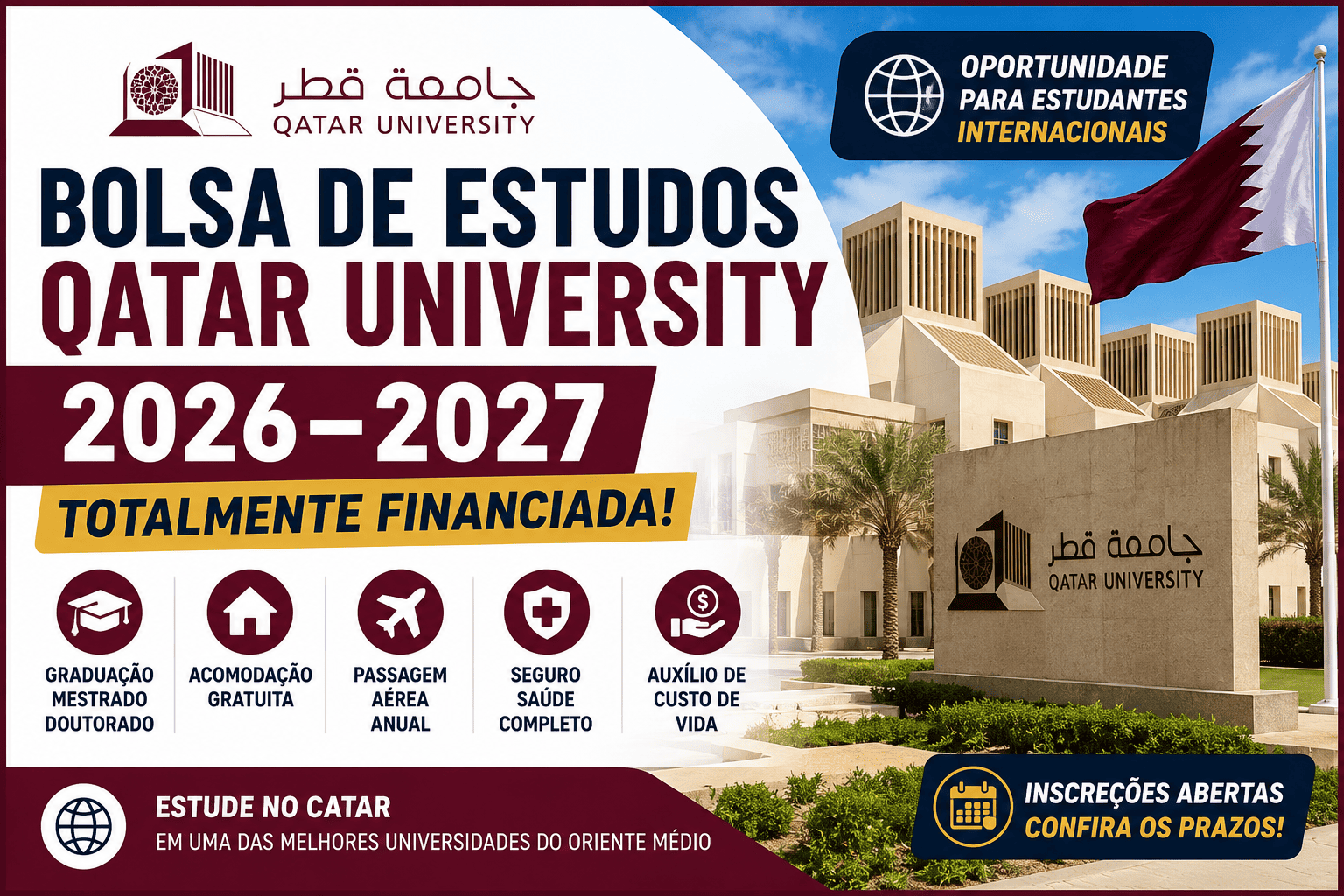 Bolsa de Estudos Completa na Universidade do Qatar 2026 – 2027