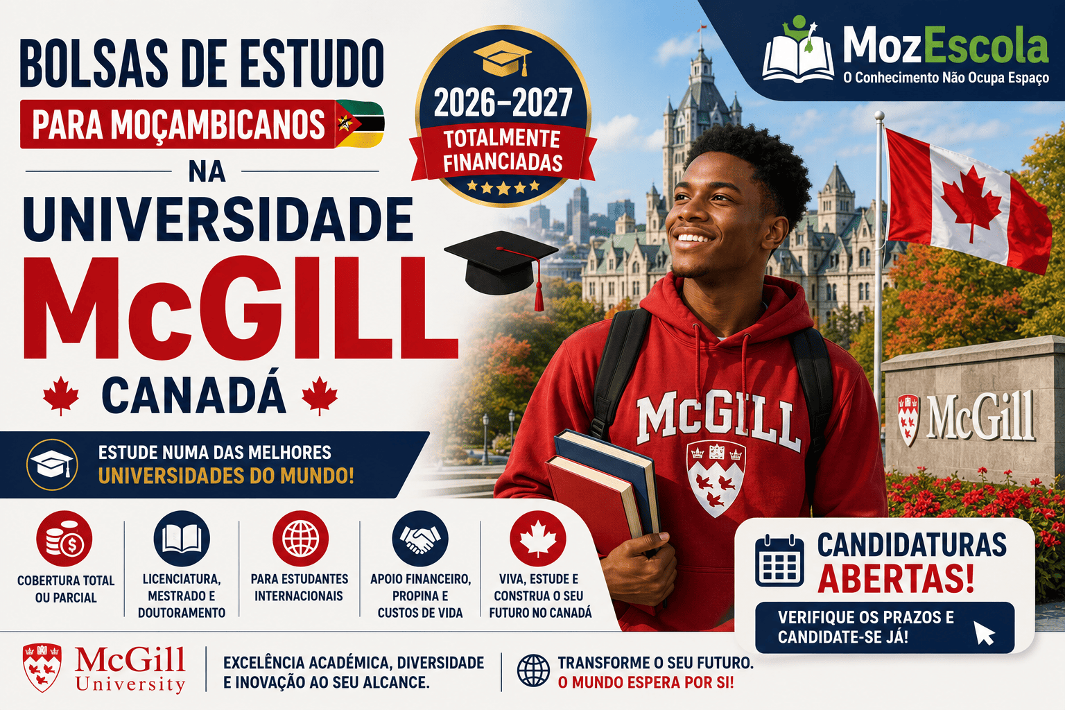 Bolsas de Estudo para Moçambicanos na Universidade McGill, Canadá 2026–2027