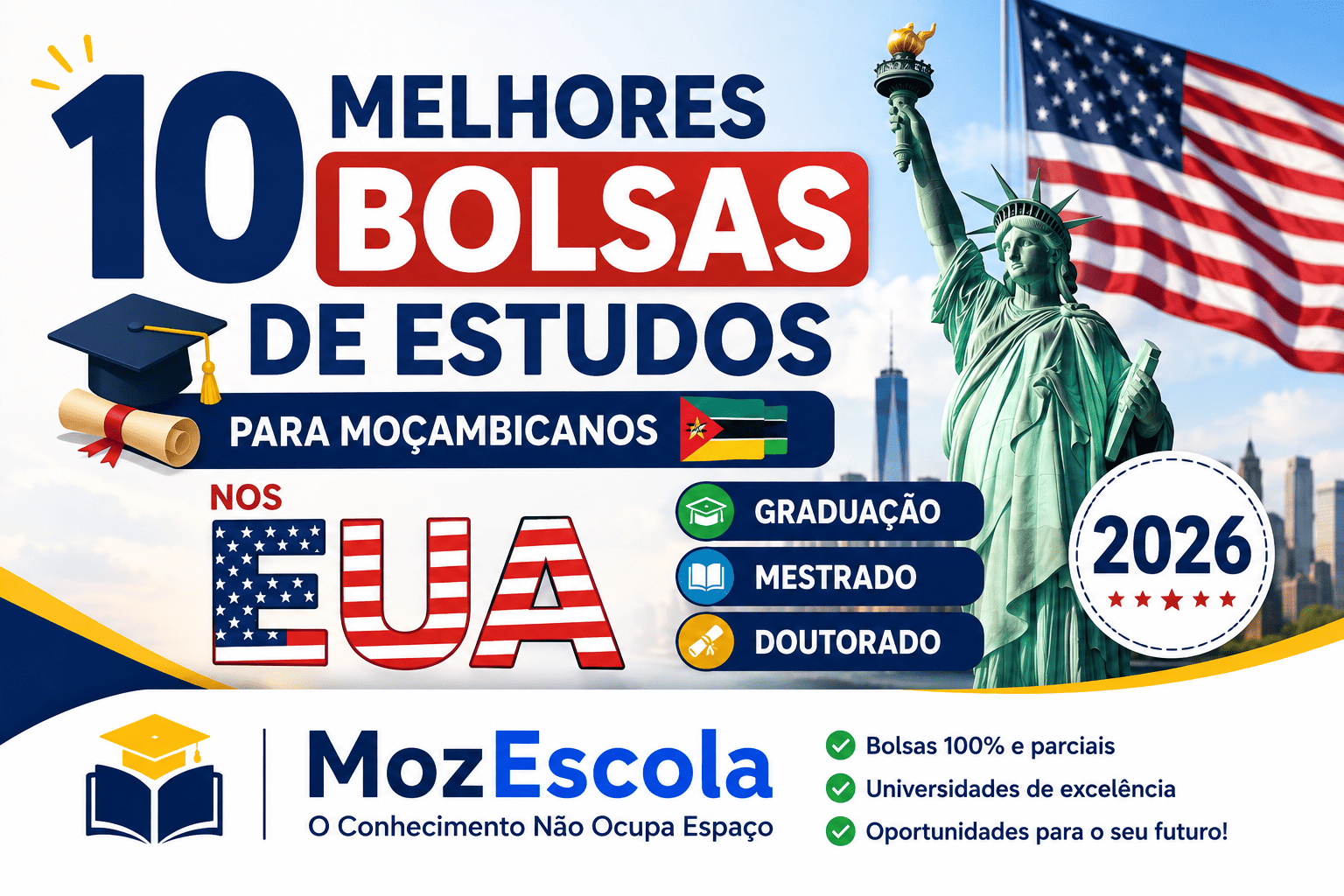 10 Melhores Bolsas de Estudos para Moçambicanos nos EUA (2026): Graduação, Mestrado e Doutorado
