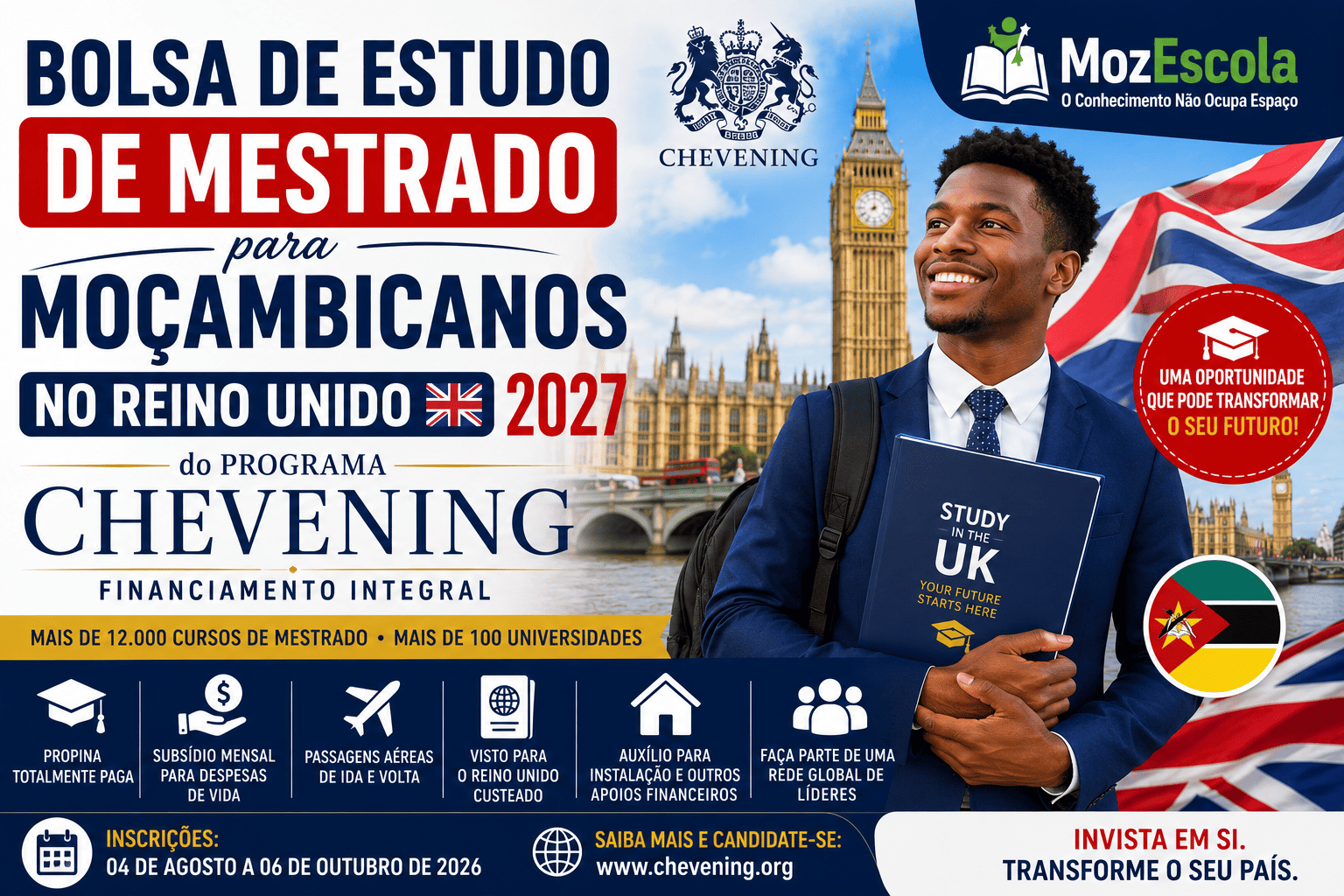 Bolsa de Estudo de Mestrado para Moçambicanos no Reino Unido 2027 do Programa Chevening