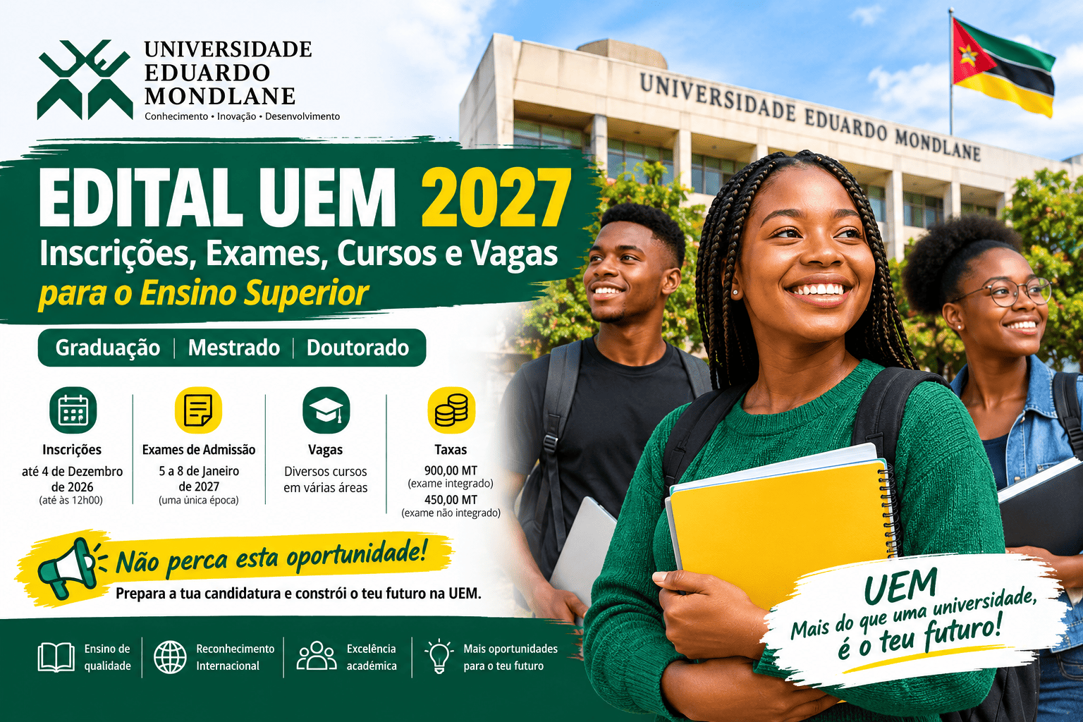 Edital da Universidade Eduardo Mondlane (UEM) 2027: Inscrições, Exames de Admissão, Cursos, Vagas e Taxas